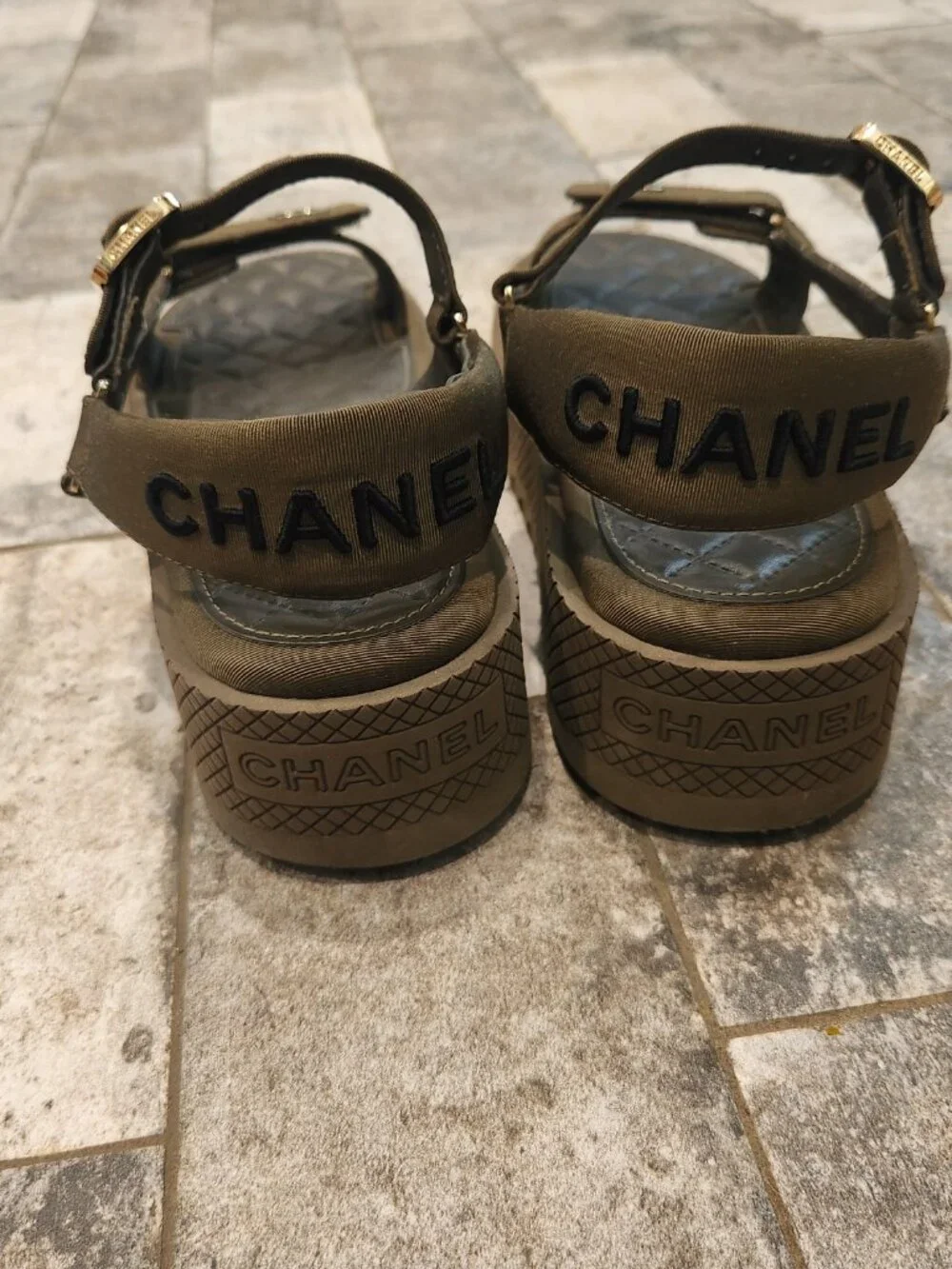 Khaki Chanel Slingback Sandals, Authentic, LNWT